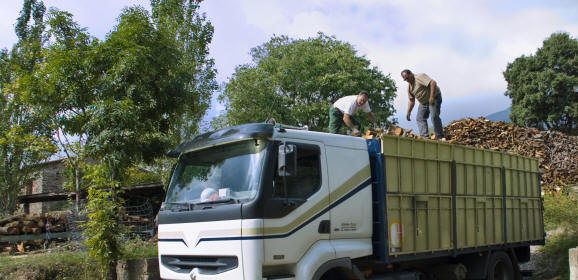 El cami de transport de llenya del majorista, fa la crrega de varies tones de llenya 