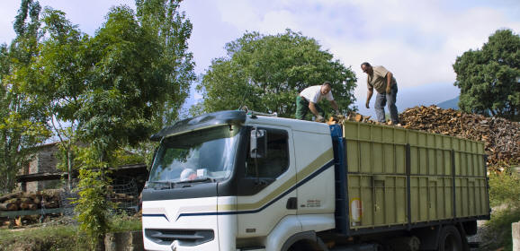 El camin de transporte de lea del mayorista, carga varias toneladas de lea 